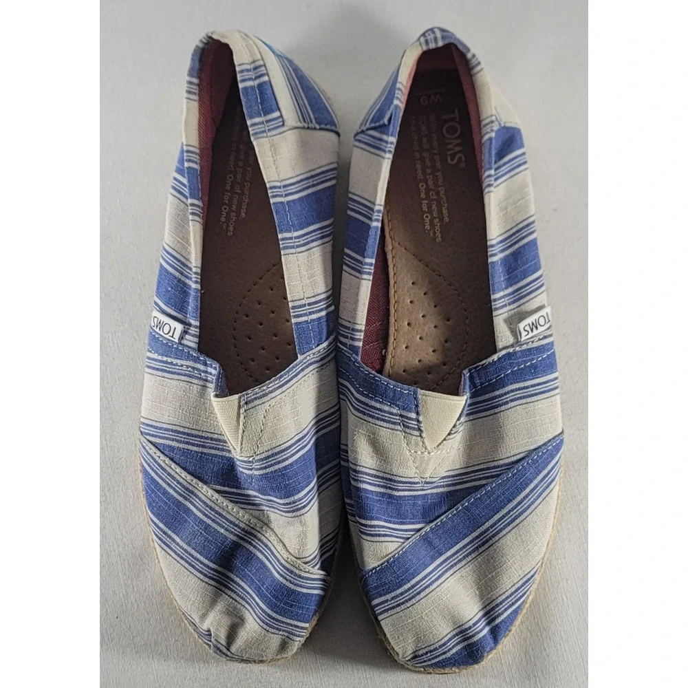 Toms Women's Size 6 W Blue And White Striped Canvas Slip On Casual Loafers Flats
